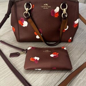 Coach Dark Maroon Floral Shoulder Bag